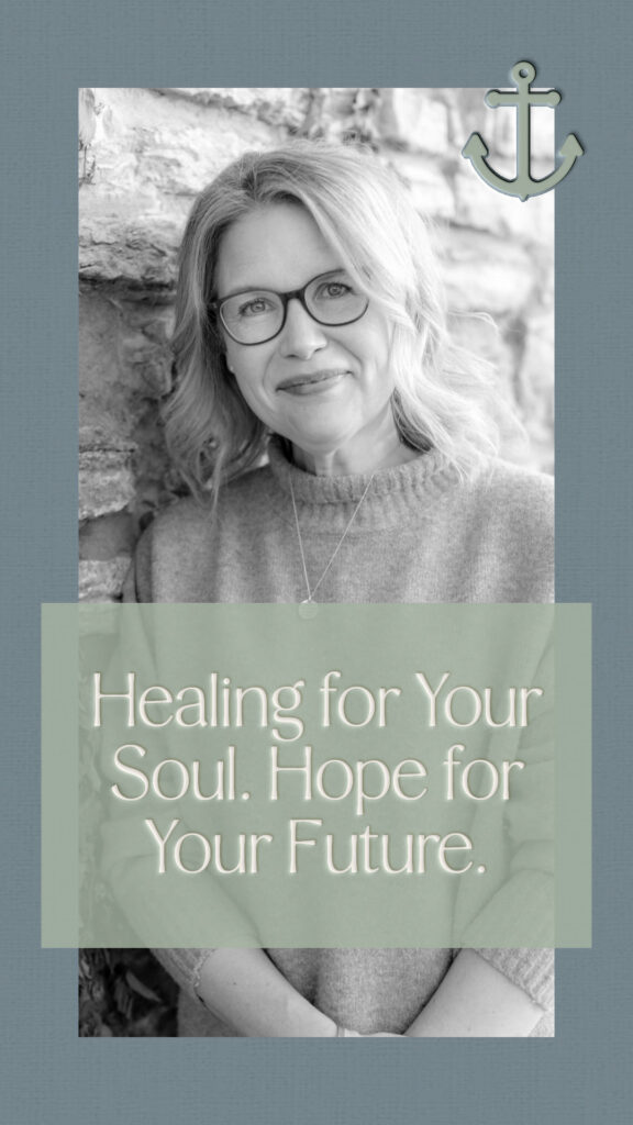 Black-and-white portrait of a smiling woman in glasses beside an anchor, overlaid with text: “Healing for Your Soul. Hope for Your Future.”
