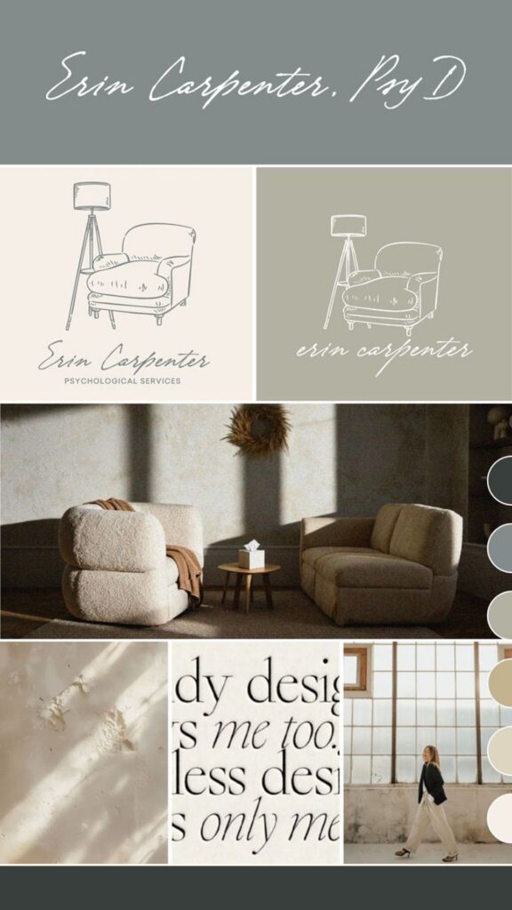 Mood board for Erin Carpenter, PsyD psychotherapy: neutral tones, logo sketches, cozy chairs, sunlight, and elegant typography create a calm, caring tone.