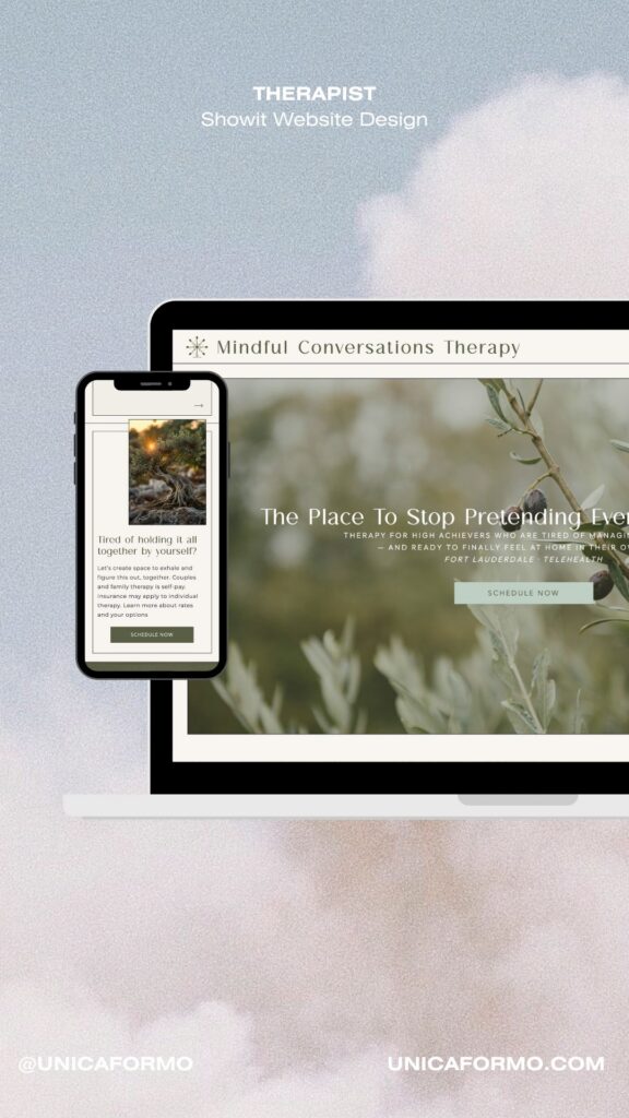 Calm therapist website mockup on a laptop and smartphone, featuring botanical imagery, mindful conversations, and soft pastel clouds; serene tone.