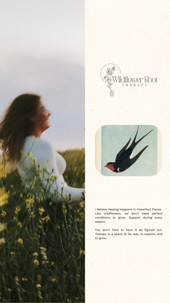 A serene woman stands in a sunlit wildflower meadow beside a “Wildflower Root Therapy” card featuring a flying bird and hopeful text.
