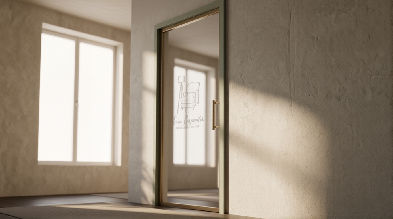 Warm sunlight fills a quiet textured room, reflecting in a tall framed mirror beside a bright window; soft shadows create a calm mood.