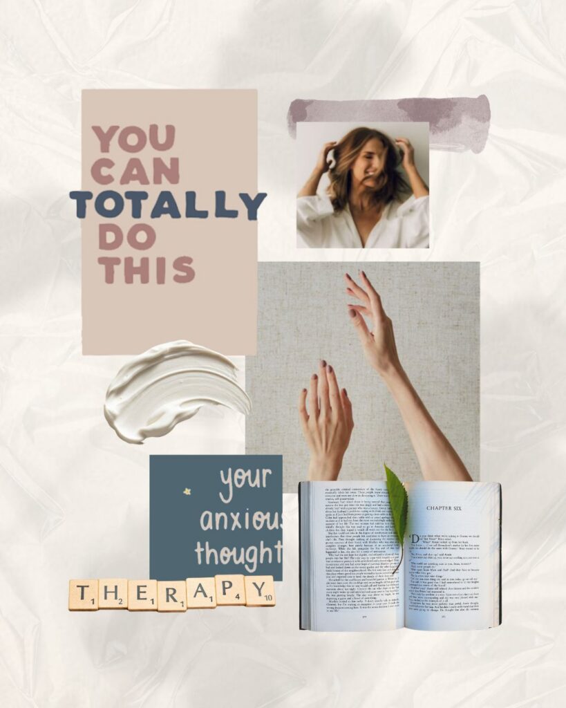 Therapy-themed collage with “YOU CAN TOTALLY DO THIS,” a thoughtful woman, reaching hands, open book, and “THERAPY” tiles; calm, hopeful tone.