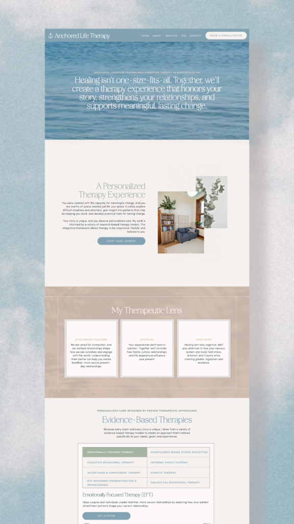 Screenshot of a calming therapy website with an ocean banner, personalized therapy section, therapist photo, testimonials, and evidence-based care.