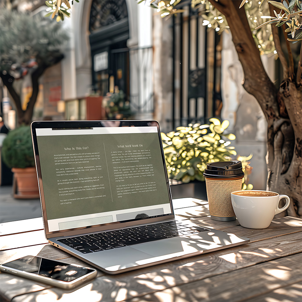 Laptop displaying text beside coffee cups and a smartphone on a sunlit café table, framed by leafy branches and historic buildings; calm ambiance.