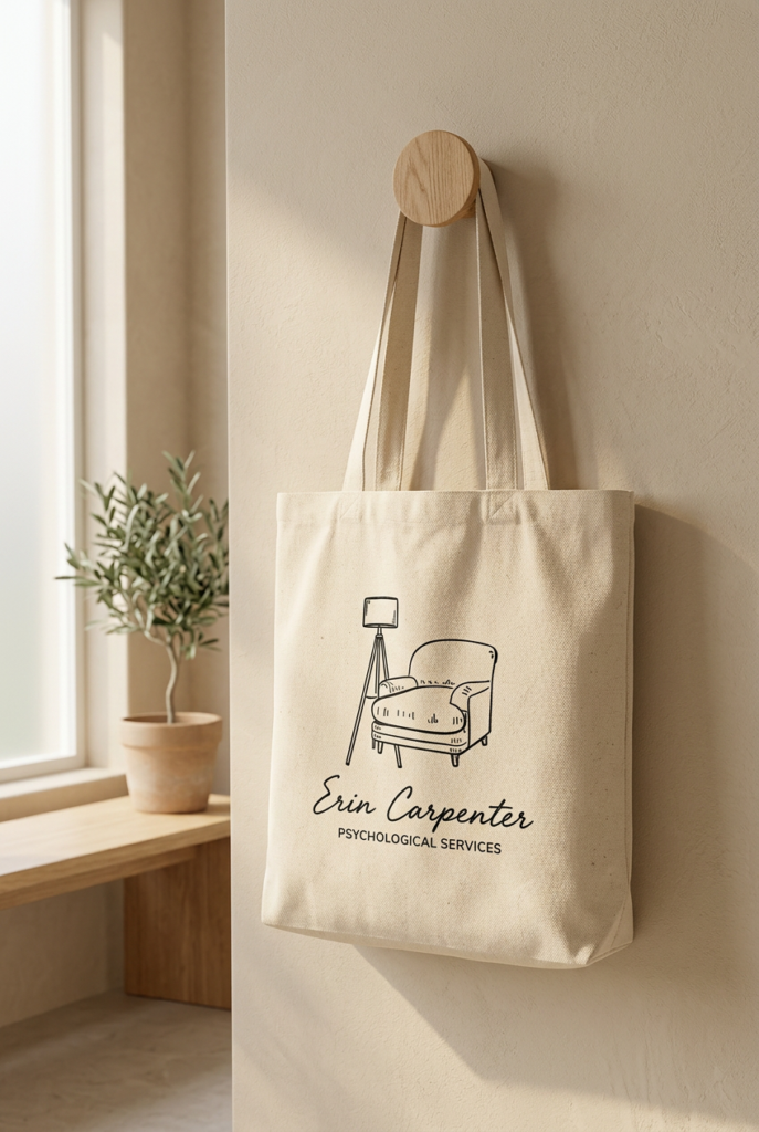 Cream canvas tote bag hanging on a wall, featuring a line-drawn armchair and “Erin Carpenter Psychological Services” logo, in warm sunlight.