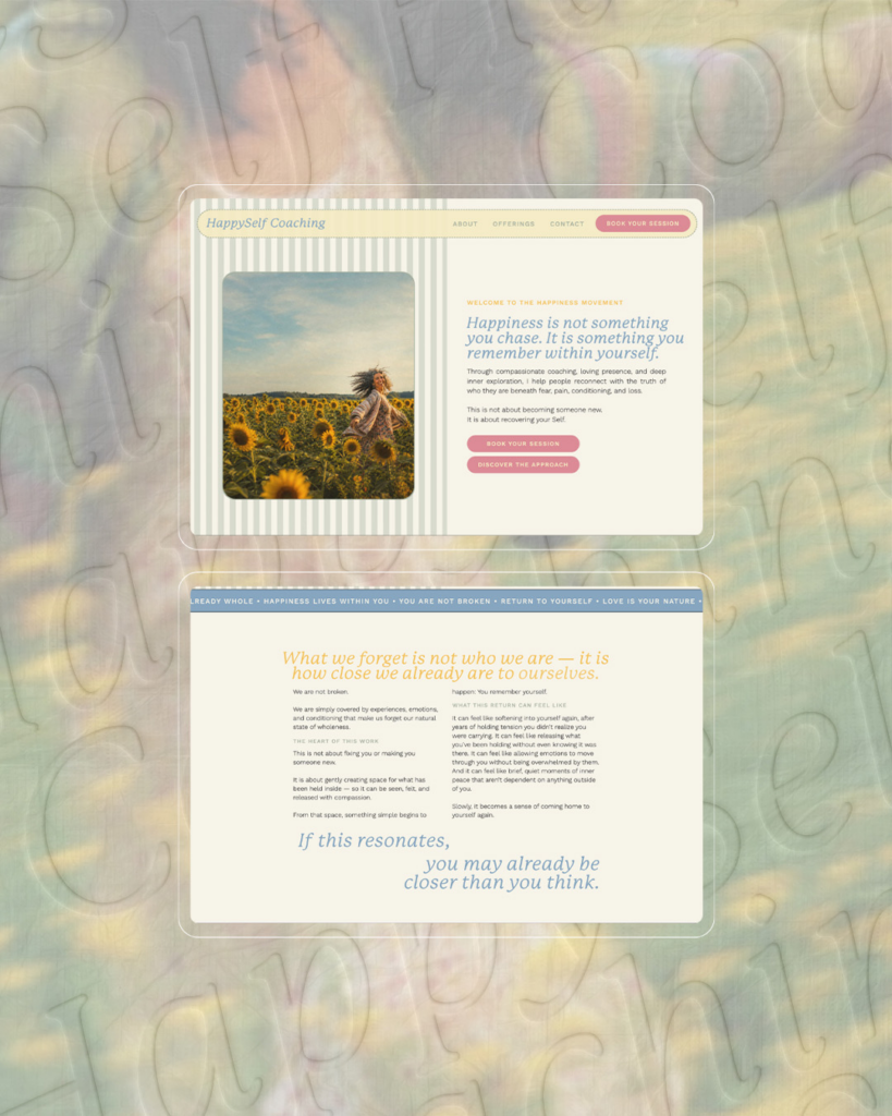 Vintage pastel life coaching website mockup with a sunflower-field photo, uplifting happiness quote, call-to-action buttons, and reflective text.