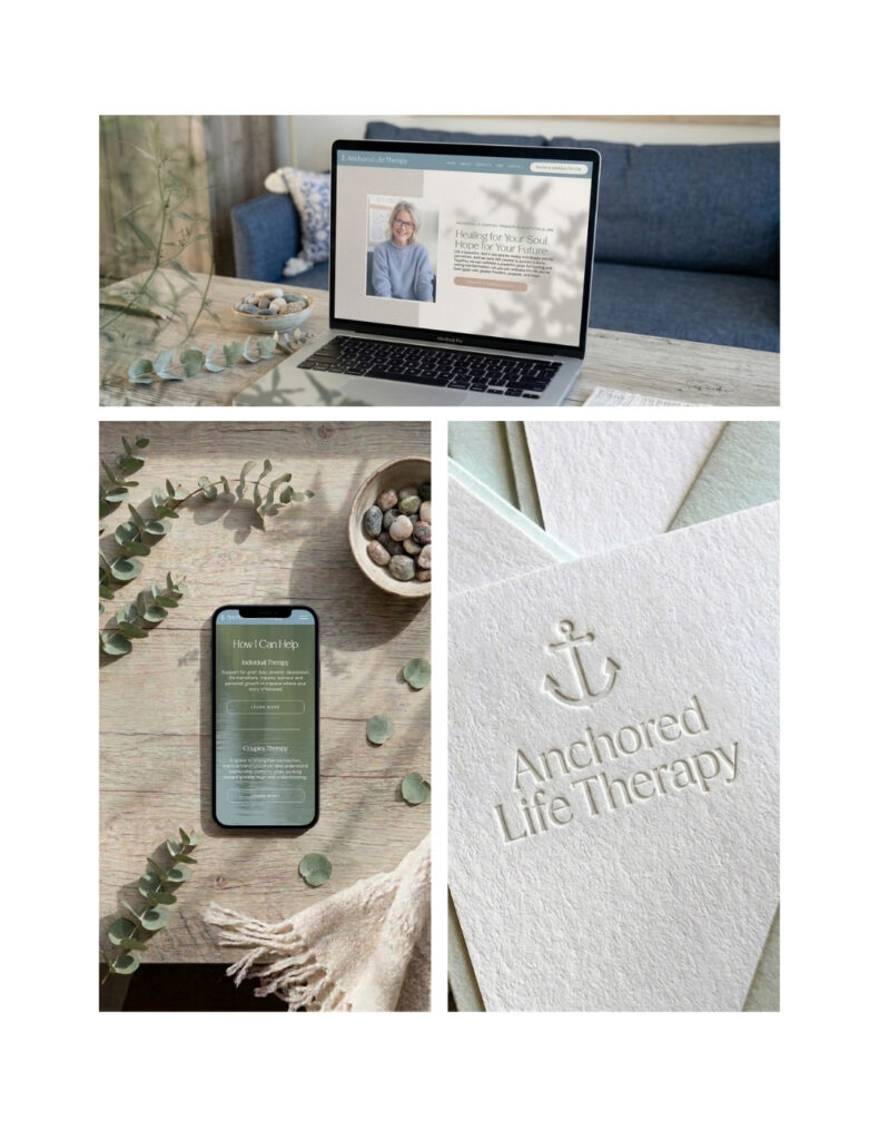 Calm coastal style therapist website design collage with laptop and phone displaying a counseling website, plus embossed anchor logo reading “Anchored Life Therapy.”