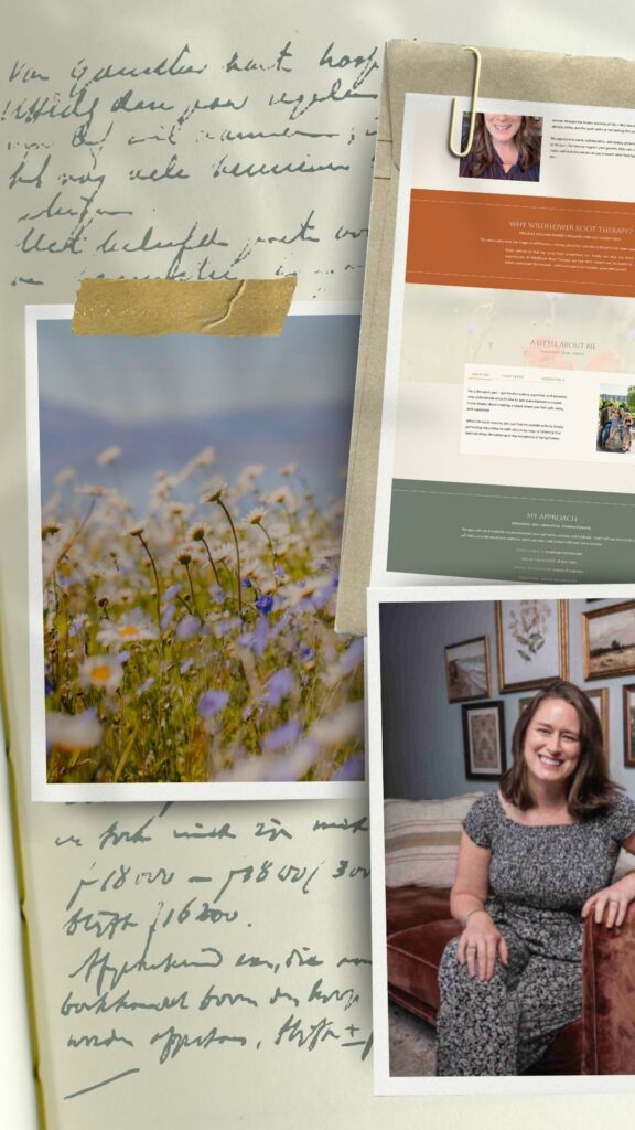 Collage of handwritten notes, a wildflower meadow, and a webpage featuring a smiling woman and her seated portrait; warm, personal tone.