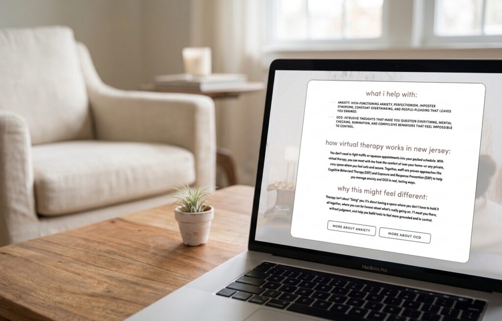 Laptop on a wooden table displays a webpage about therapy, beside a small potted plant in a calm, softly lit living room.
