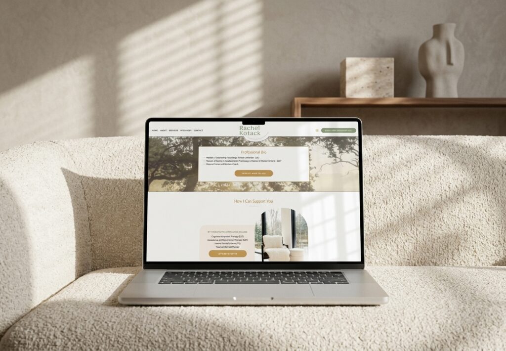 Laptop displaying a wellness website on a cozy beige sofa, with sunlight, textured cushions, and neutral vases creating a calm, inviting mood.