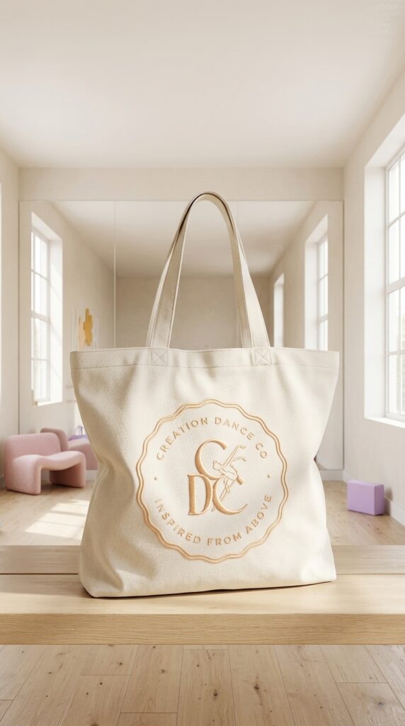 Cream canvas tote bag with long handles and an ornate “Creation Dance” logo, displayed in a bright room with wood floors and pastel blocks.