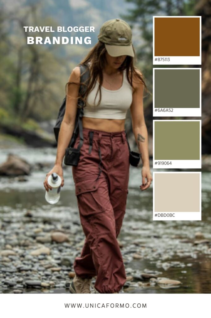 A travel blogger walks through a rocky creek in outdoor gear, beside earthy color swatches; the branding mood feels adventurous and calm.