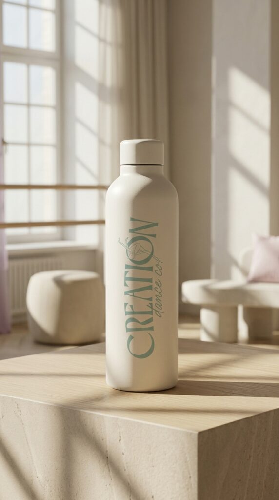 Cream skincare bottle labeled “CREATION” stands on a sunlit stone table in a serene, minimalist room with windows, curtains, and soft shadows.