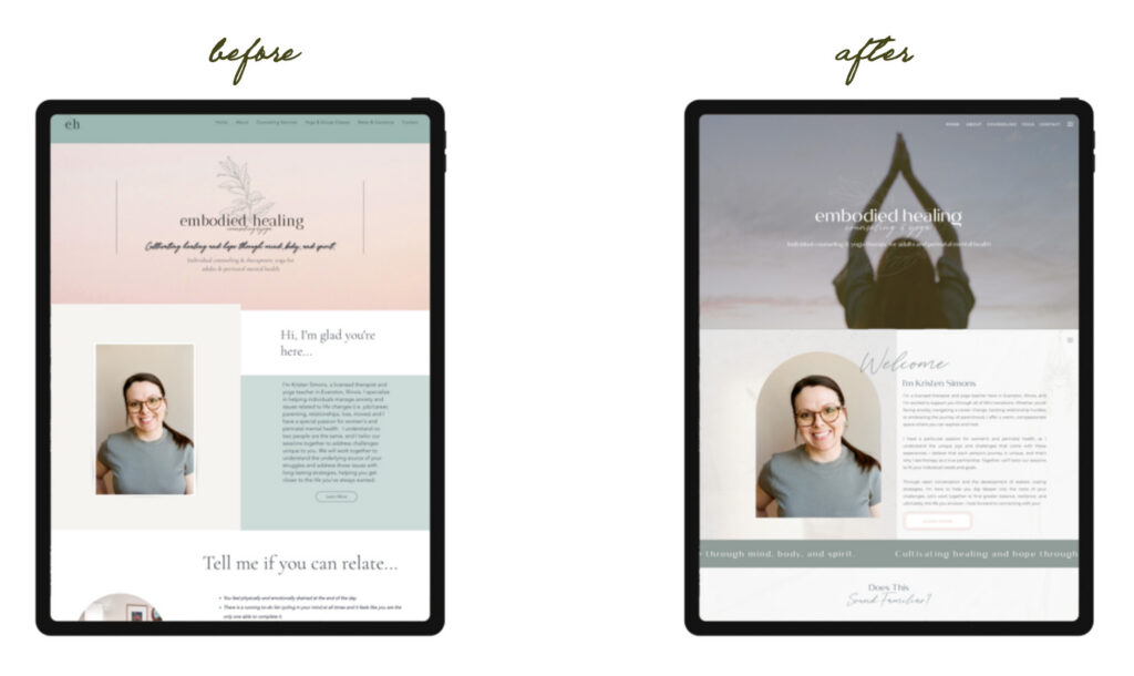 Side by side iPads showcasing a therapist website before and after the redesign.