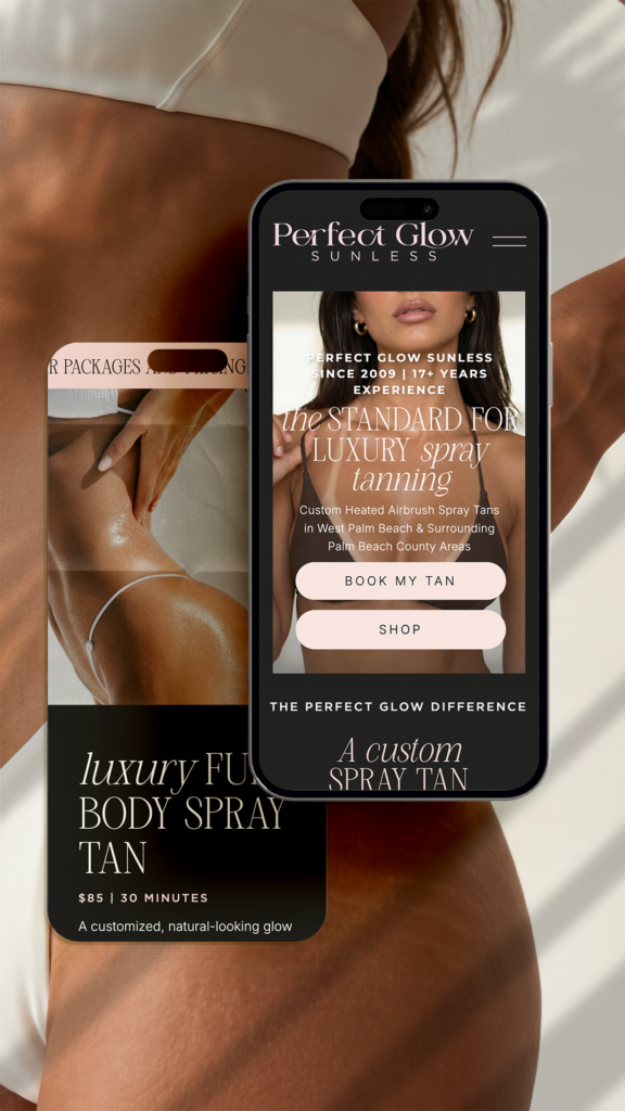 Promotional image for Perfect Glow custom spray tan: bronzed woman beside a luxury body spray tan bottle and booking website on a phone.