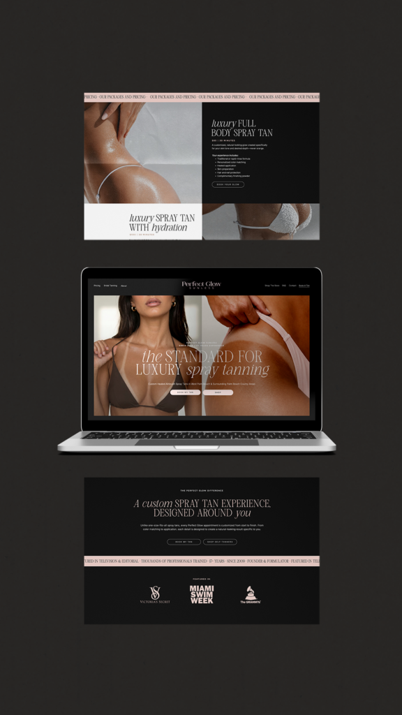 Website mockup on a dark background promoting luxury spray tan services, featuring warm-toned model photos, a laptop display, and Miami event logos.
