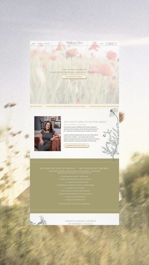 A soft therapy webpage floats over a sunlit meadow, featuring pastel flowers, a woman’s portrait, and reassuring text.