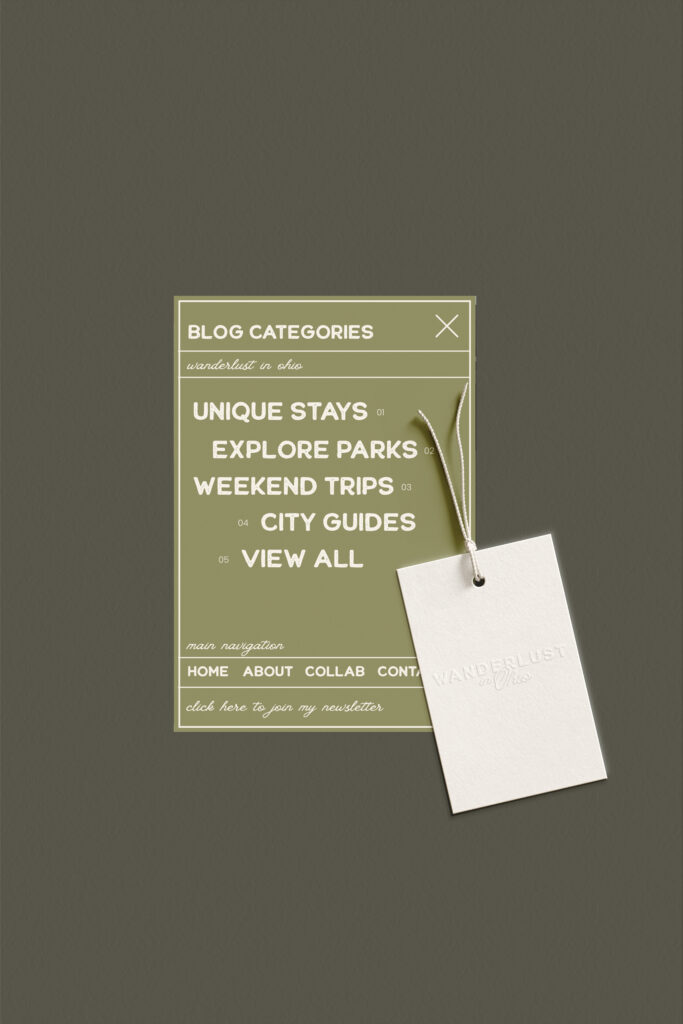 A minimalist blog categories card lists unique stays, parks, weekend trips and city guides, with a blank white tag dangling over it on a muted gray backdrop.