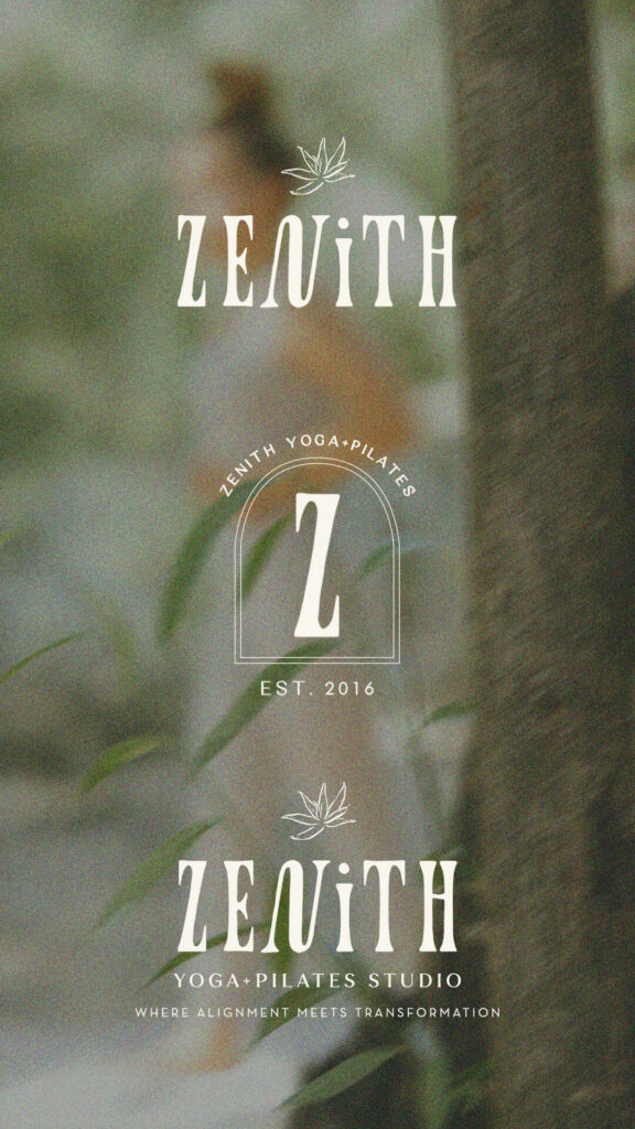 Blurred, serene forest scene with a yoga figure, tree, and white ZENITH Yoga-Pilates Studio logos, lotus symbols, and “Est. 2016.”