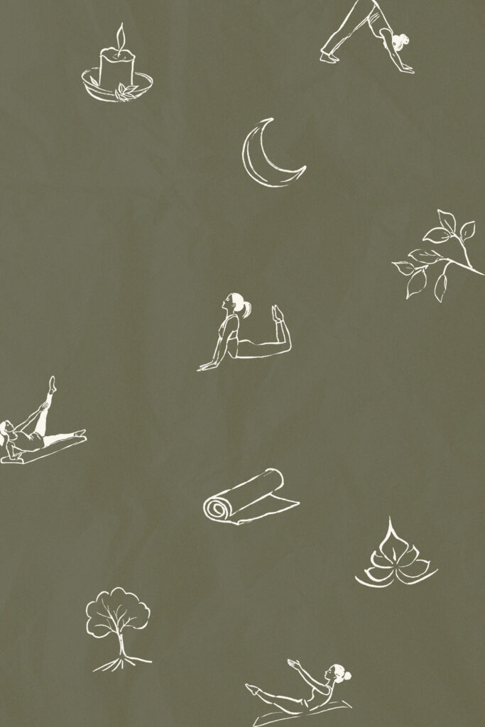 Muted olive background with white line-art symbols: candle, crescent moon, yoga poses, leafy branch, scroll, lotus flower, tree, and reclining figure.