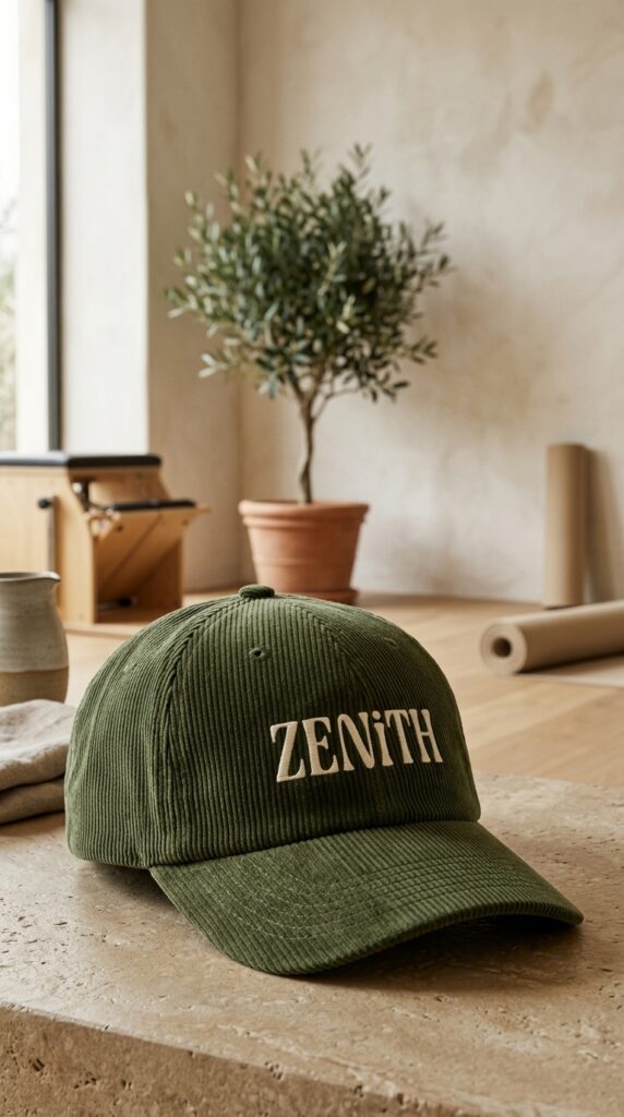 Olive green corduroy ZENITH baseball cap on a rustic table, with a potted tree, pottery, and rolled paper in a warm, calm studio.