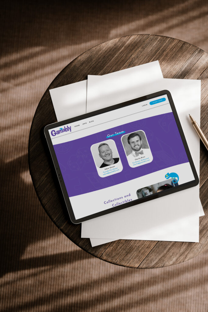 A tablet showing a purple Gambly webpage with two profile cards rests on papers atop a round wooden table, crossed by warm striped shadows.