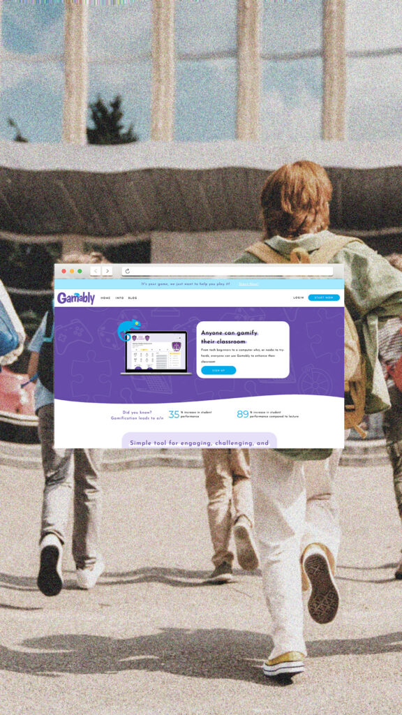 Vintage-toned children walk toward a building beneath an overlaid browser window showing a purple learning website, creating a nostalgic, playful mood.