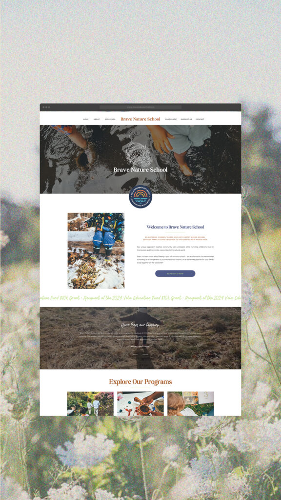 A centered Brave Nature School webpage overlays soft wildflowers, showing nature photos, a welcome message, and program tiles in a calm, earthy style.