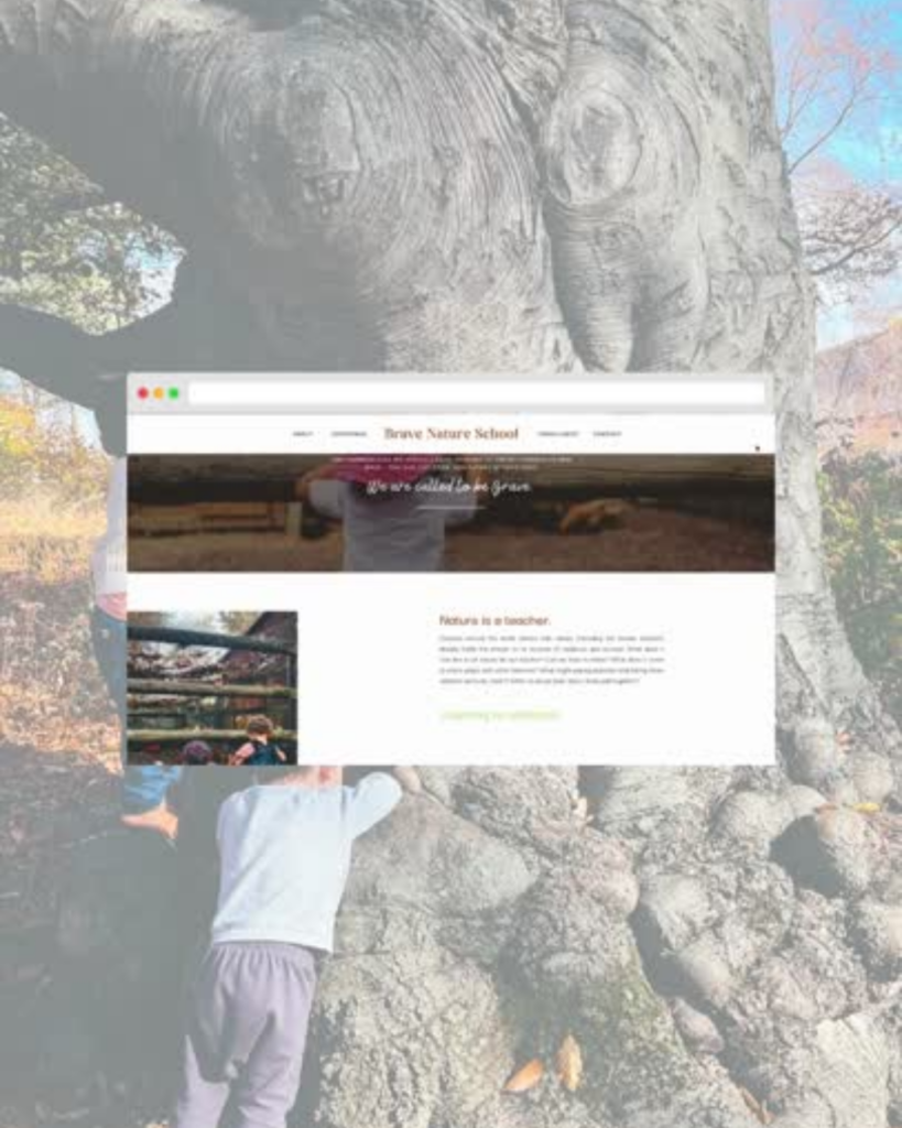 A child climbs the massive trunk of an old tree behind a Brave Nature School webpage, suggesting outdoor learning, nature, and adventure.