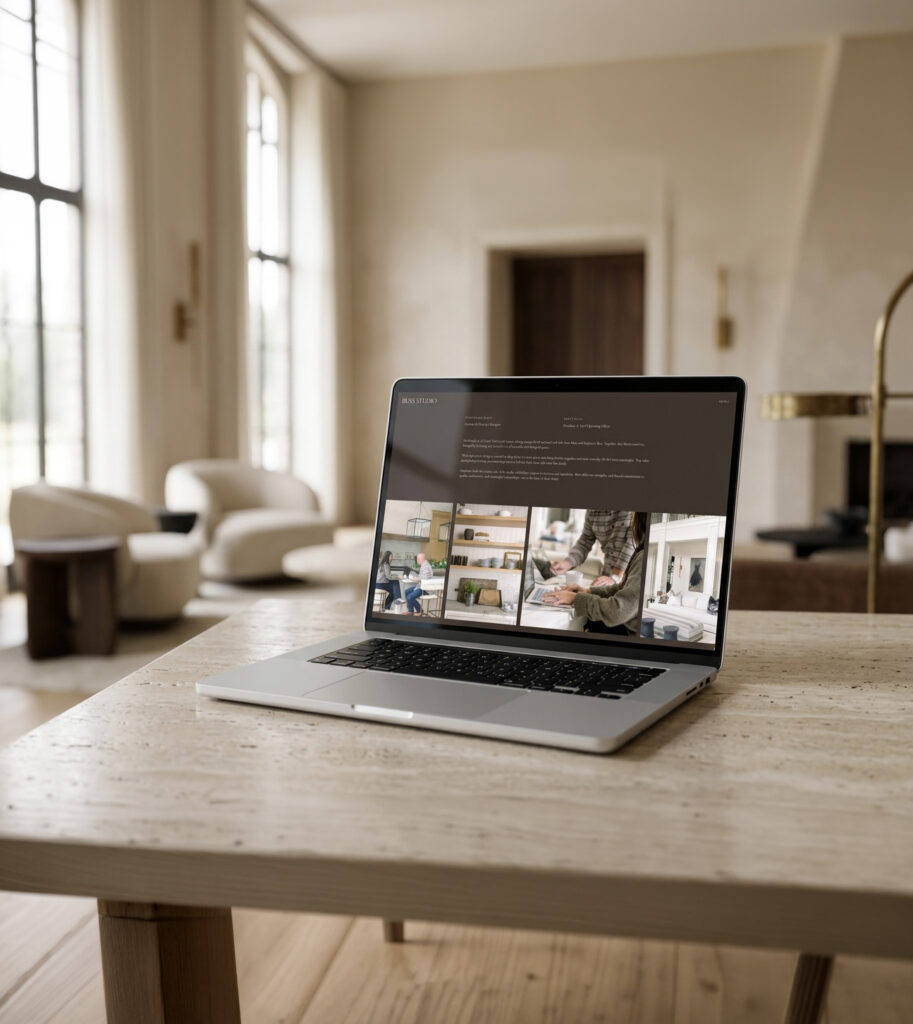 A laptop showing a home interiors webpage sits on a pale wooden table in a bright living room with tall windows and soft chairs, creating a calm, welcoming mood.