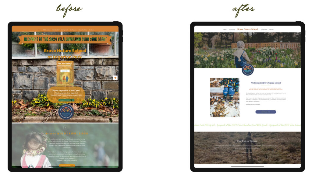 Side-by-side tablet screenshots show a school website redesign: a cluttered “before” page beside a clean, welcoming, nature-themed “after” page.