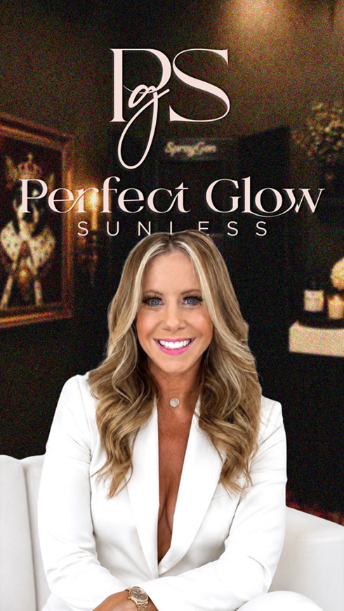 Promotional portrait of a smiling blonde woman in a white suit, with “Perfect Glow Skincare” text, conveying polished beauty and confidence.