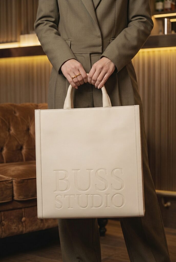 A person in a tailored taupe suit holds a large cream tote embossed “BUSS STUDIO” in a warmly lit, refined lounge; the mood is polished and understated.