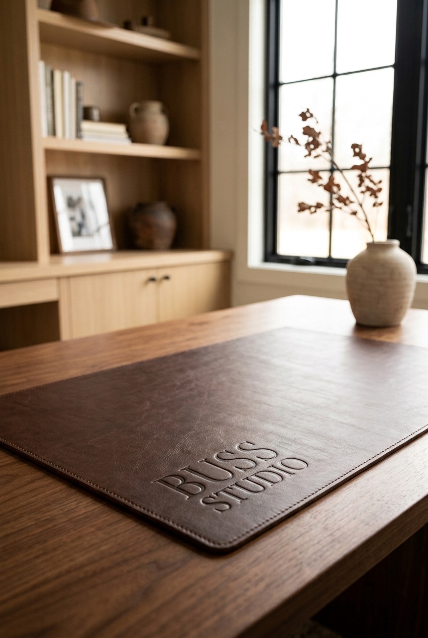 Brown leather desk mat embossed “BUSS STUDIO” rests on a wooden table; bookshelves, a ceramic vase, and a bright window create a calm studio.