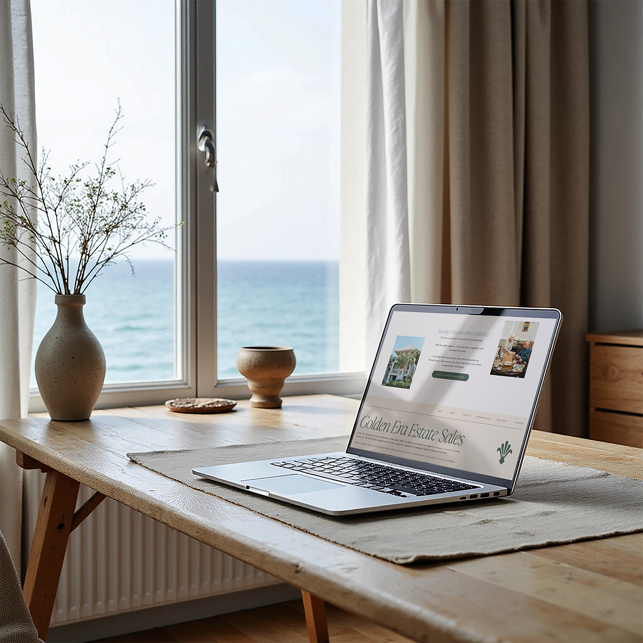 A laptop displaying a real estate website sits on a rustic wooden table by a large ocean-view window, with a vase of branches nearby; calm, airy mood.