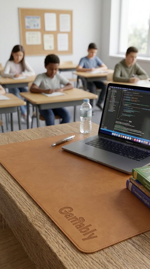 A laptop displaying code rests on a brown leather desk mat beside a water bottle and books, while students work quietly in a classroom.