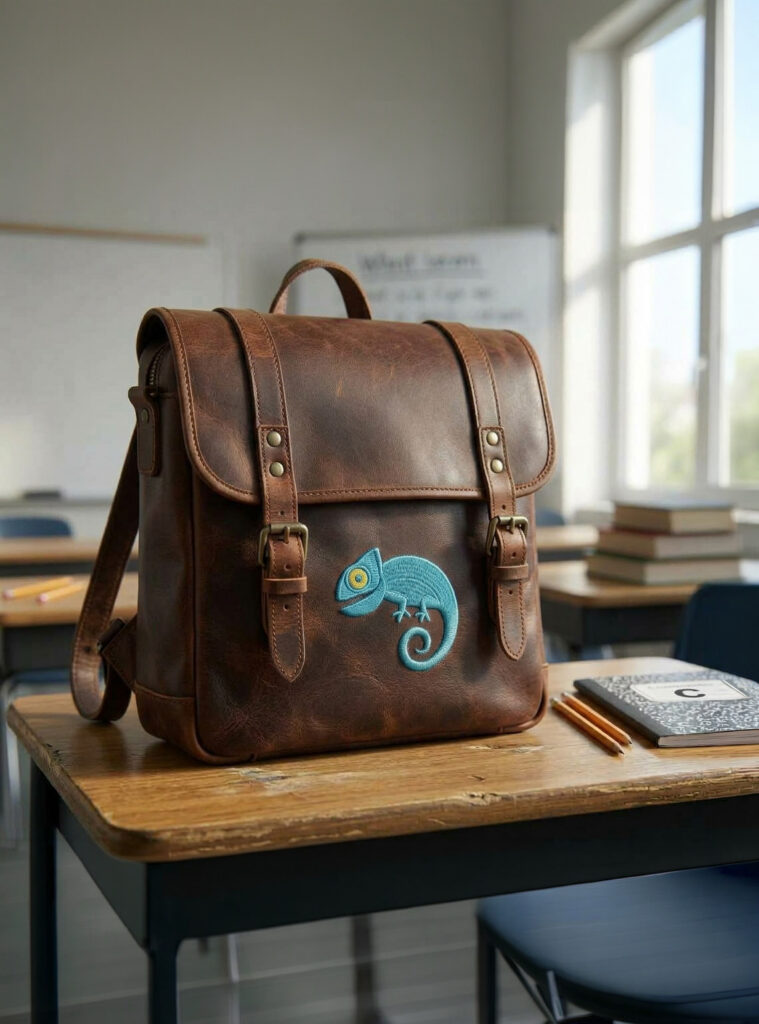 A worn brown leather school satchel with brass buckles and a turquoise chameleon patch sits on a wooden classroom desk, evoking a quiet, nostalgic mood.