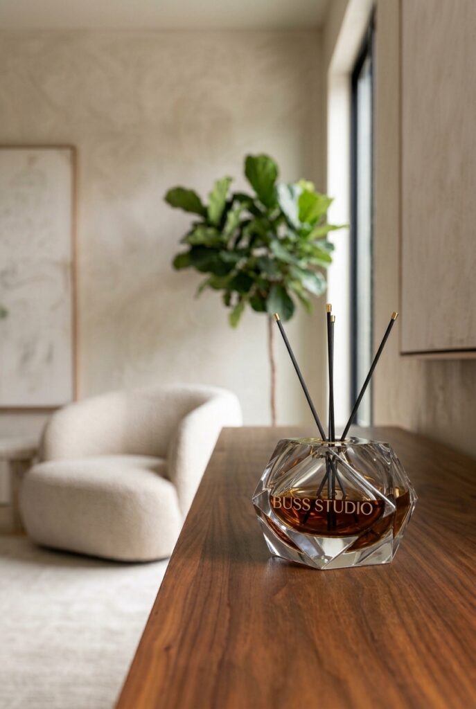 A glass BOSS STUDIO reed diffuser with black sticks sits on a wooden table in a calm, neutral living room with a plant and armchair.