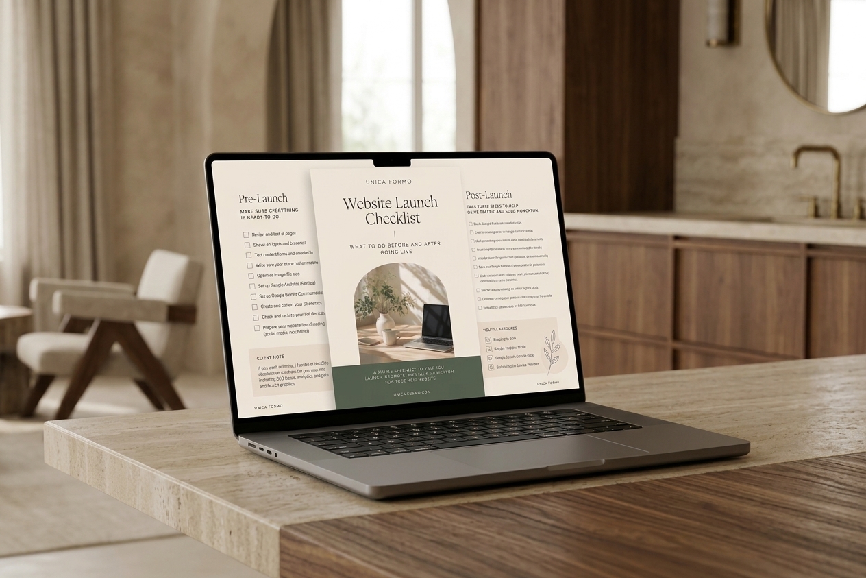 A laptop on a stone counter displays a wedding launch checklist website in a softly lit, elegant venue with arched windows, conveying a calm, refined mood.